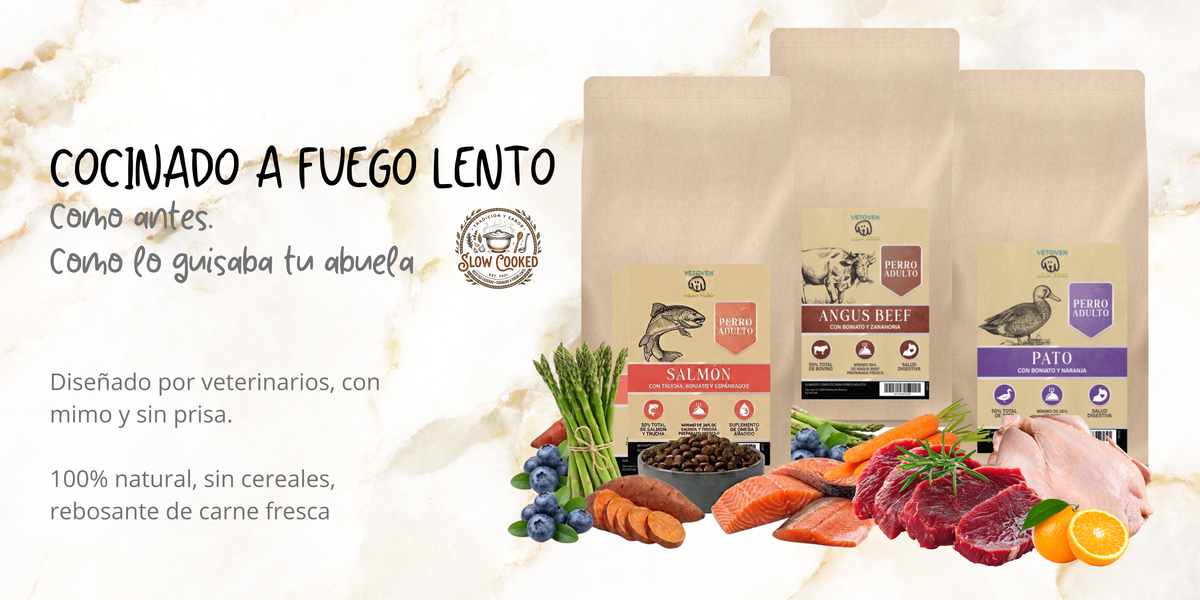 Piensos naturales Vetoven de salmón, ternera Angus y pato con ingredientes frescos