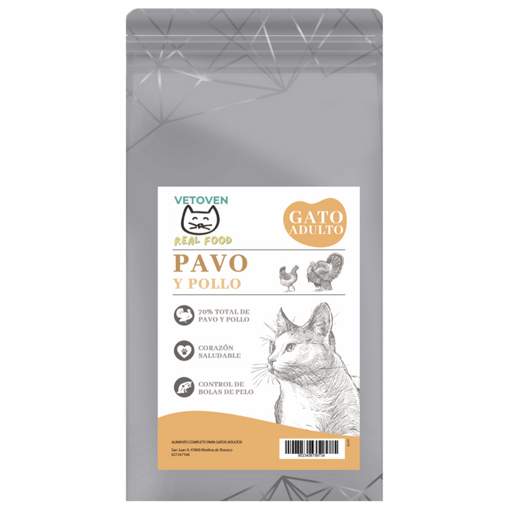 Pienso para gato adulto Vetoven Real Food – Pavo y Pollo: carne fresca, salud garantizada