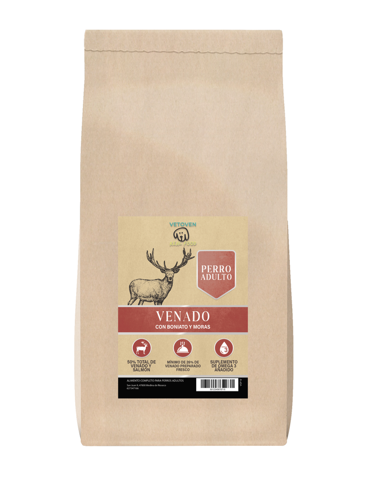 VENADO CON BONIATO Y MORAS - PIENSO PARA PERRO - ALTA DIGESTIBILIDAD Y PROTEÍNA