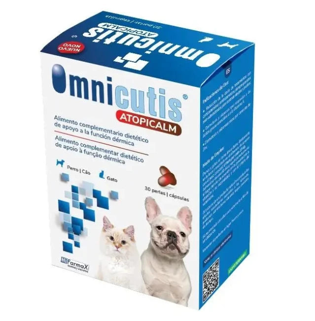 Bote de Omnicutis Atopicalm para perros con dermatitis atópica y picor.