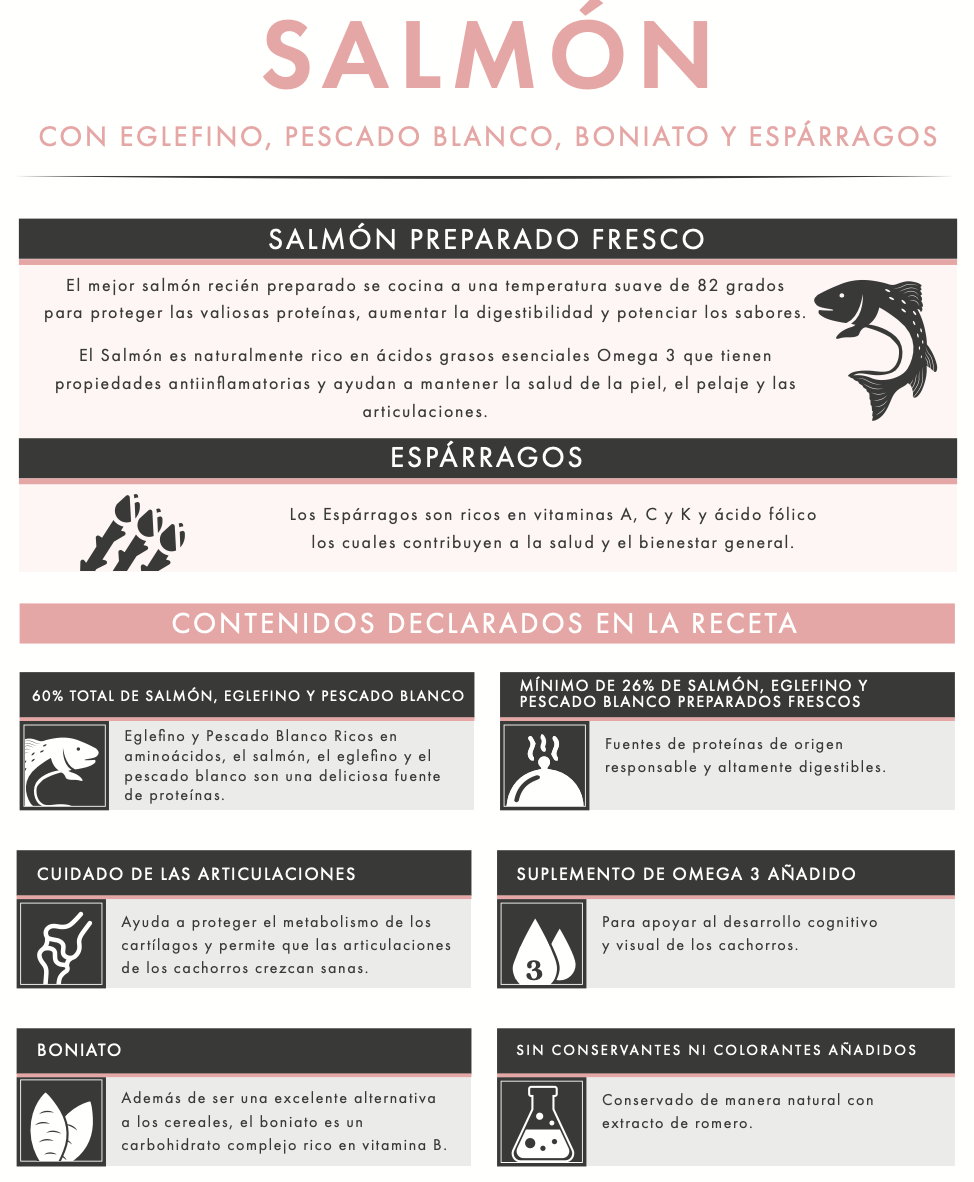 Pienso para cachorros – Salmón con Eglefino, Pescado Blanco, Boniato y Espárragos | Alta digestibilidad y desarrollo saludable html Copiar código