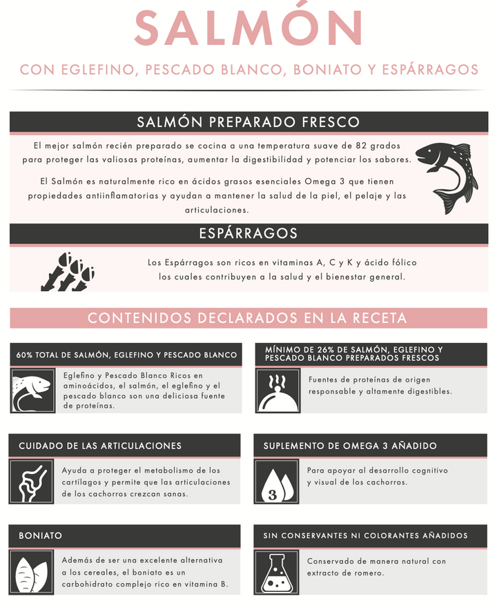 Pienso para cachorros – Salmón con Eglefino, Pescado Blanco, Boniato y Espárragos | Alta digestibilidad y desarrollo saludable html Copiar código
