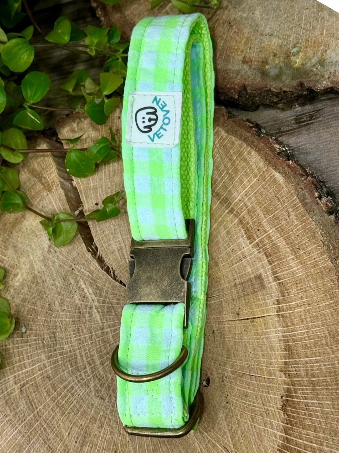 Collar para Perros Vichy Neón Green – Algodón Resistente, Hecho a Mano y con Cierre Seguro