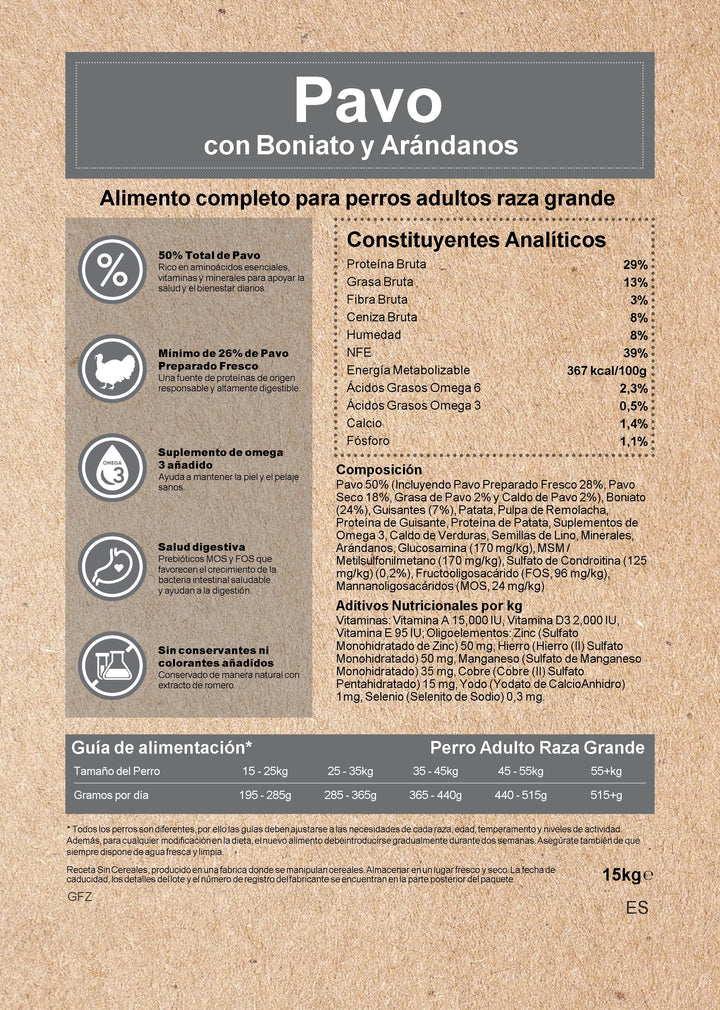 Pienso para perro adulto raza grande Vetoven – Pavo con boniato y arándanos, cuidado articular y digestión saludable