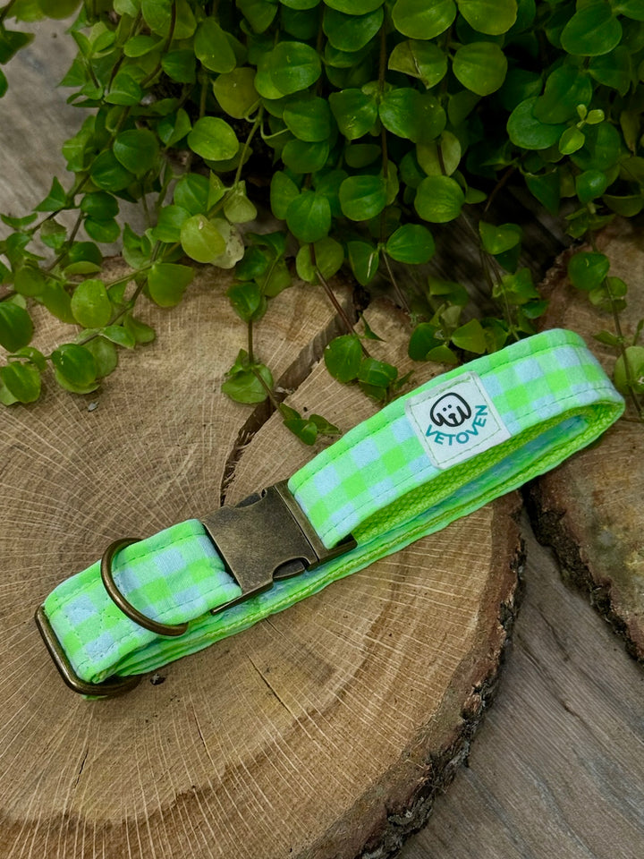 Collar para Perros Vichy Neón Green – Algodón Resistente, Hecho a Mano y con Cierre Seguro