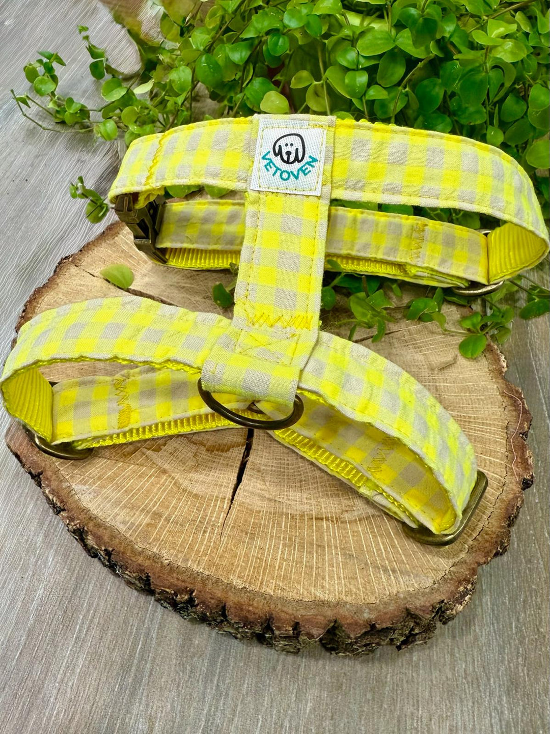 Arnés para perro Vichy Neon Lemon Drop - Algodón resistente, hecho a mano, a medida