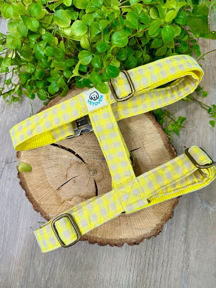 Arnés para perro Vichy Neon Lemon Drop - Algodón resistente, hecho a mano, a medida