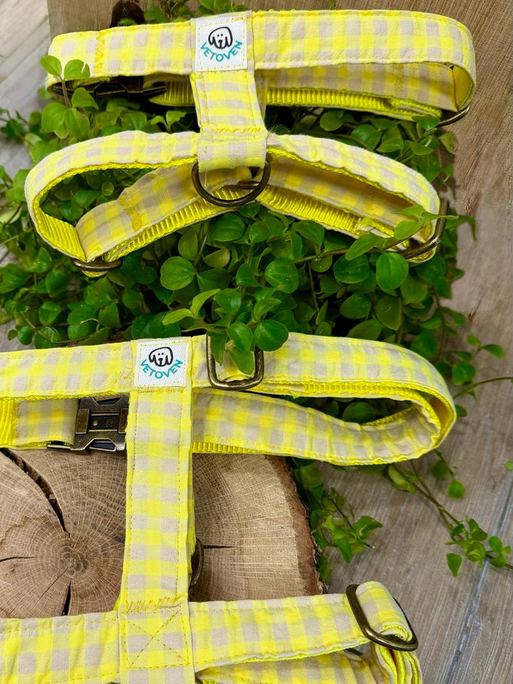 Arnés para perro Vichy Neon Lemon Drop - Algodón resistente, hecho a mano, a medida