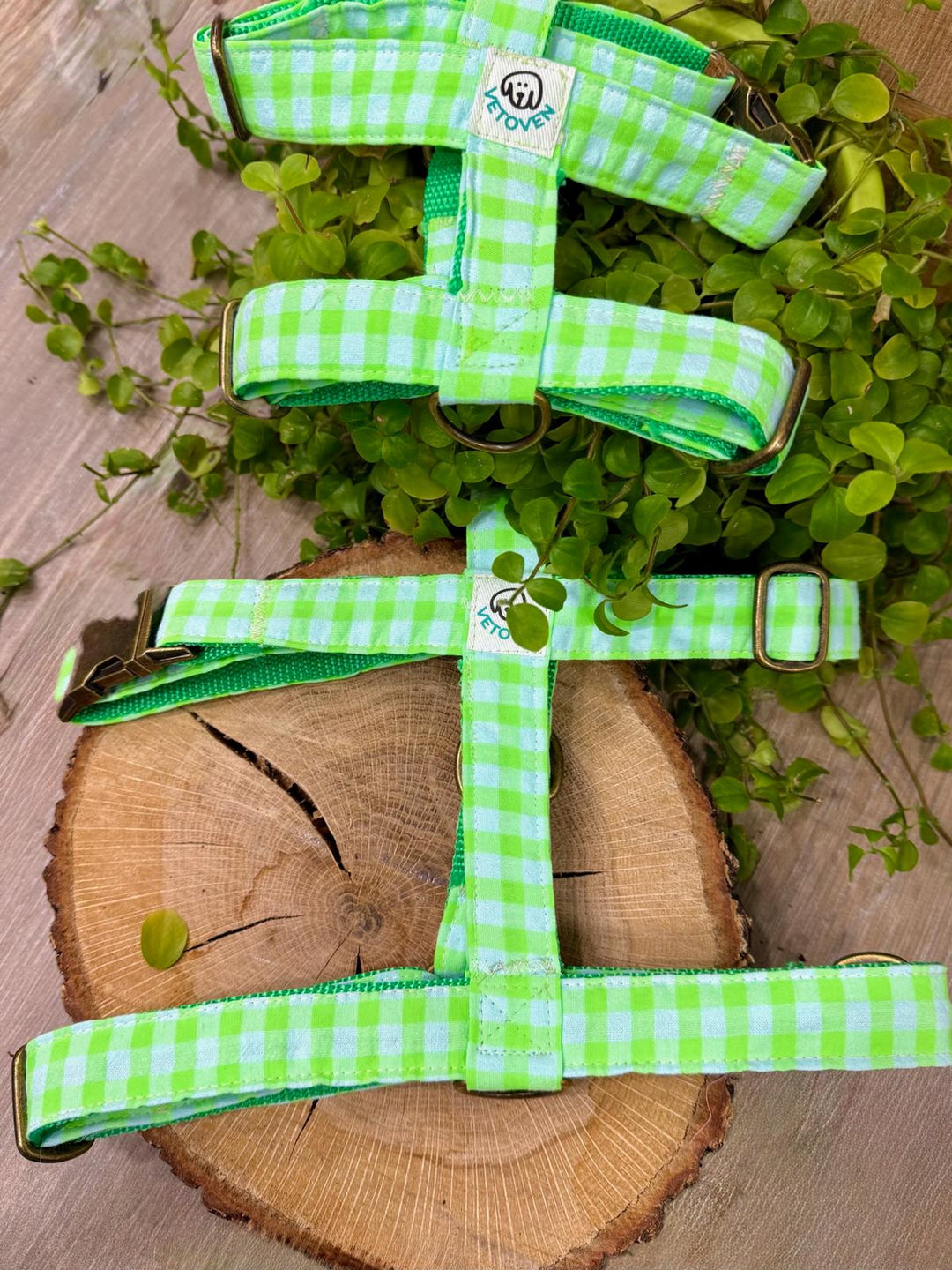 Arnés para perro Vichy Neon Green - Algodón resistente, hecho a mano, a medida