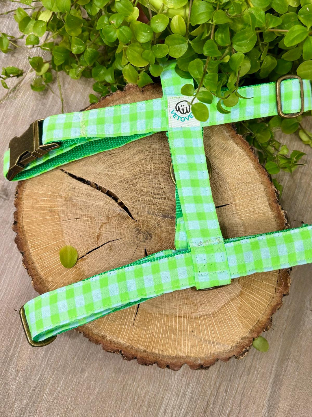 Arnés para perro Vichy Neon Green - Algodón resistente, hecho a mano, a medida