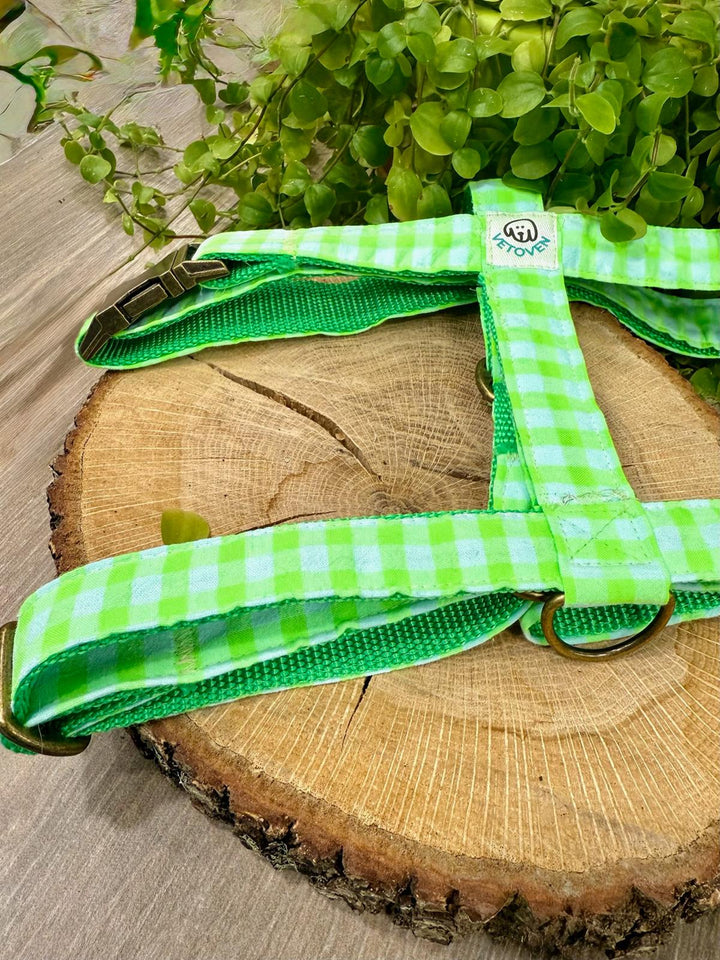 Arnés para perro Vichy Neon Green - Algodón resistente, hecho a mano, a medida