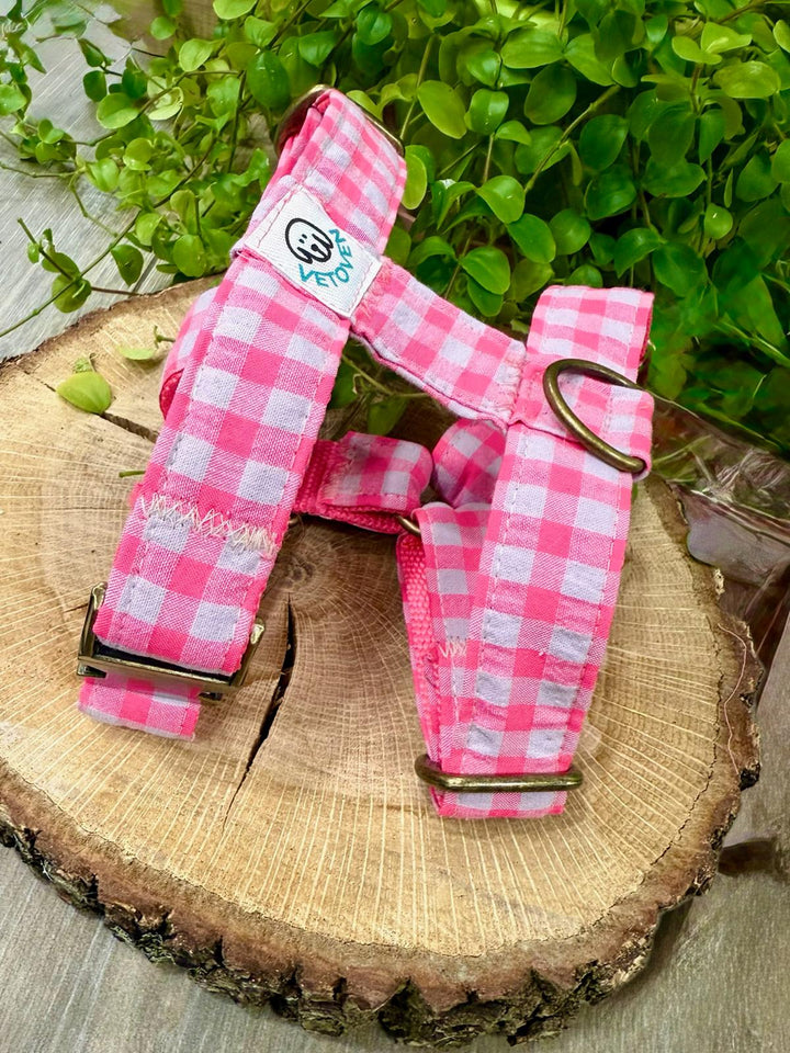 Arnés para perro Vichy Neon Pink - Algodón resistente, hecho a mano, a medida