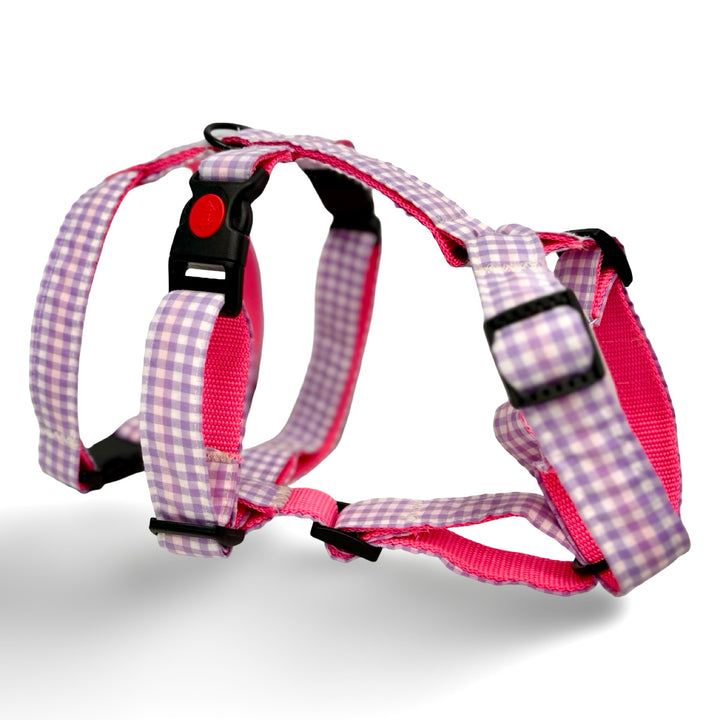 Arnés ajustable para perro con estampado de cuadros Vichy y flores pastel de la colección Vetoven.