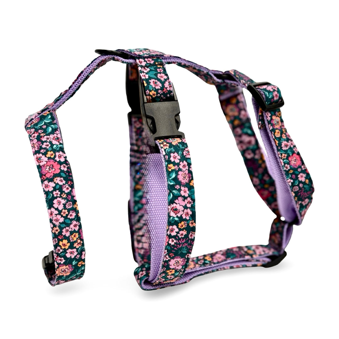 Arnés antiescape de 3 puntos para galgo con estampado floral rosa y fondo verde Flor de Jacinto.