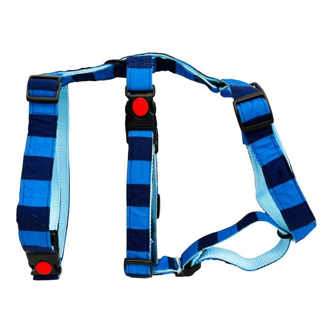 Arnés antiescape de 3 puntos para galgo con estampado de flores azules Sendero Azul.
