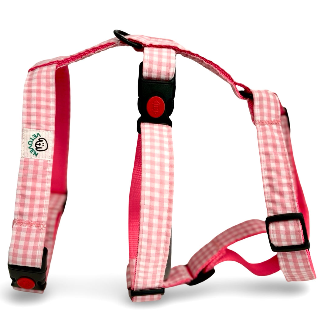 Arnés antiescape de 3 puntos para galgo con estampado de cuadros Vichy en color rosa.