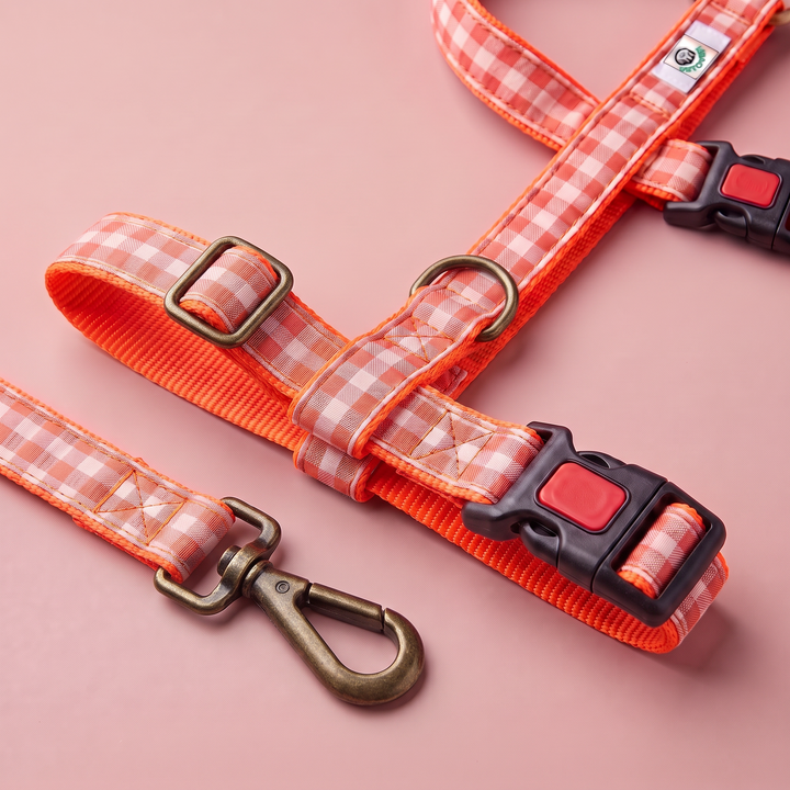 Arnés Galgo Antiescape 3 Puntos Vichy Neon Coral Pop – detalle