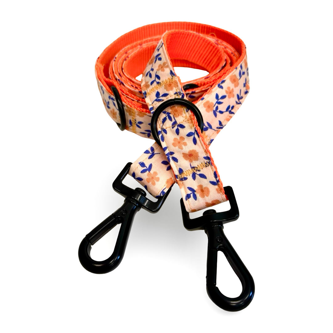 Correa para perro de 2.5 metros regulable con estampado de flores naranjas y fondo crema.