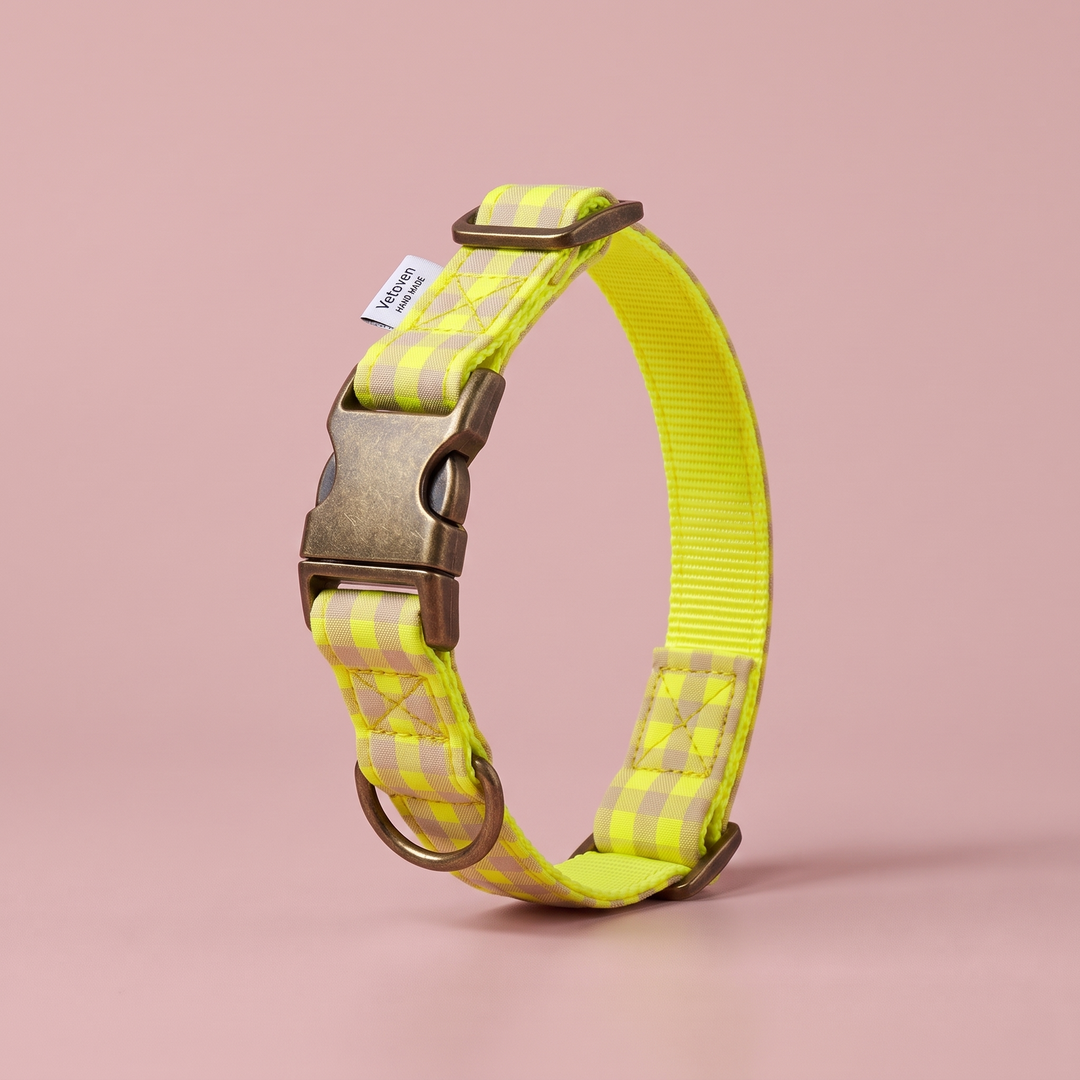 Collar para Perros Vichy Neón Lemon Drop – nylon amarillo, cerrado