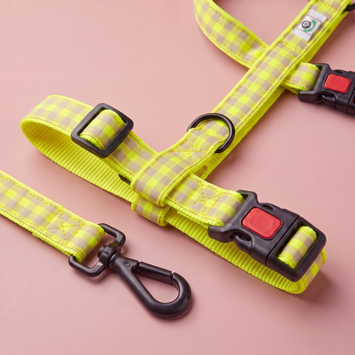 Arnés Galgo Antiescape 3 Puntos Vichy Neon Lemon Drop – nylon amarillo, detalle
