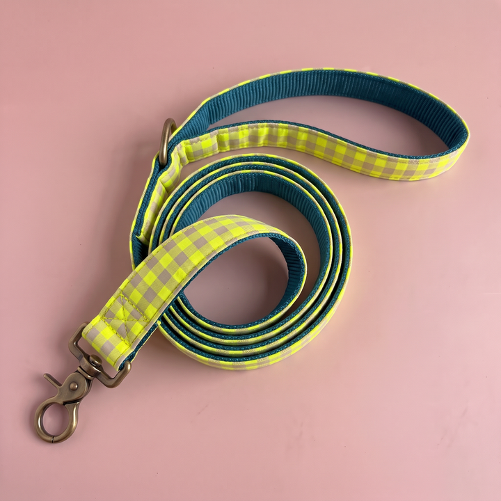 Correa para Perros Vichy Neón Lemon Drop (150 cm) – nylon verde azulado, detalle del asa
