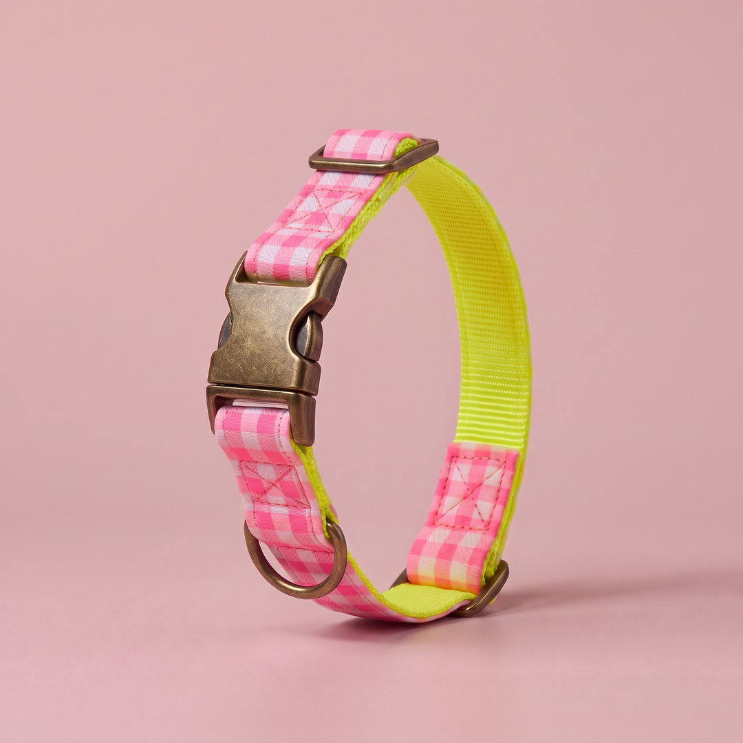 Collar para Perros Vichy Neón Pink Peony – nylon amarillo, cerrado