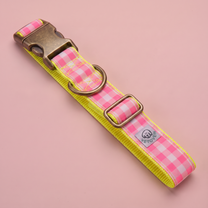 Collar para Perros Vichy Neón Pink Peony – nylon amarillo, vista plana
