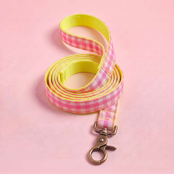 Correa para Perros Vichy Neón Pink Peony (150 cm) – nylon amarillo, enrollada
