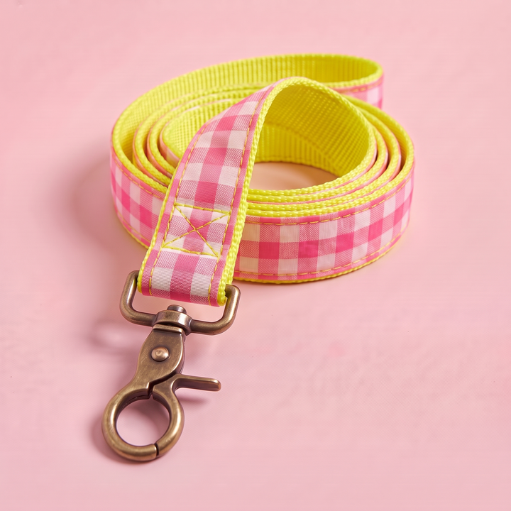 Correa para Perros Vichy Neón Pink Peony (150 cm) – nylon amarillo, detalle del mosquetón