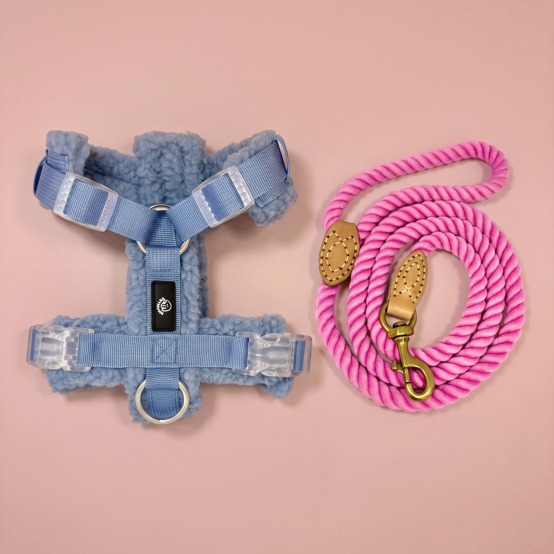 Set Paseo Arnés Merina Niebla + Correa Algodón Rosa del Esla