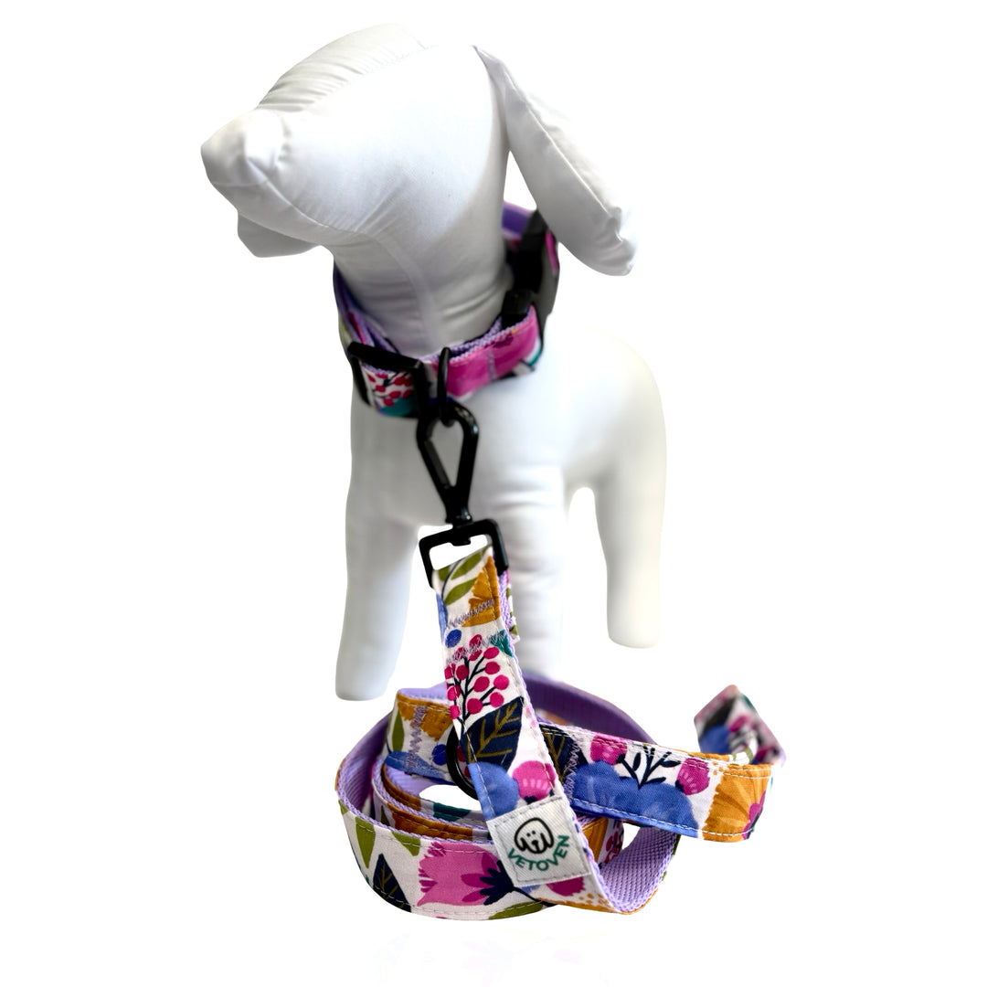 Conjunto de paseo completo para perro con estampado floral y forro lila de Vetoven