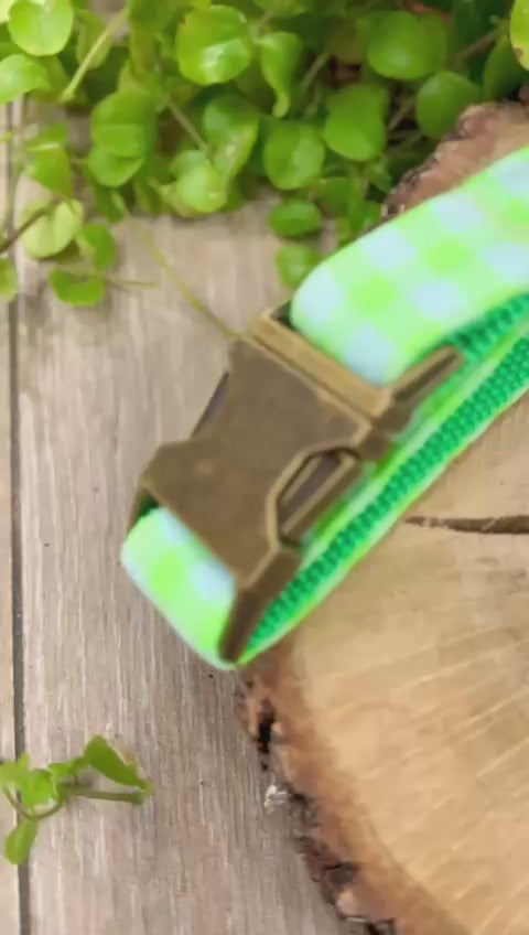 Arnés para perro Vichy Neon Green - Algodón resistente, hecho a mano, a medida