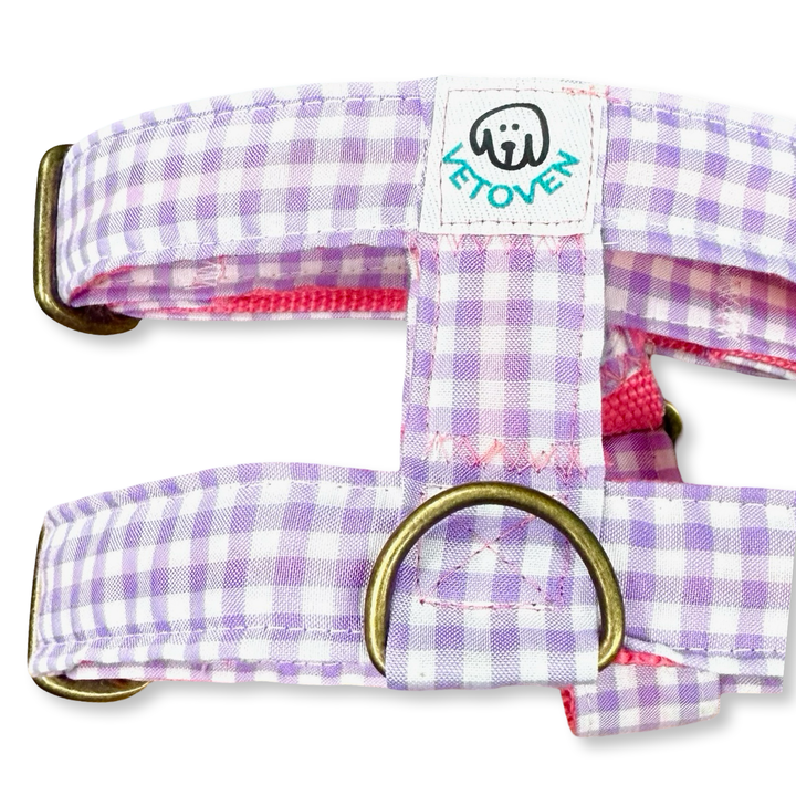 💜 Arnés para Perros Vichy Pastel Blossom – Diseño en H, Artesanal y Veterinario