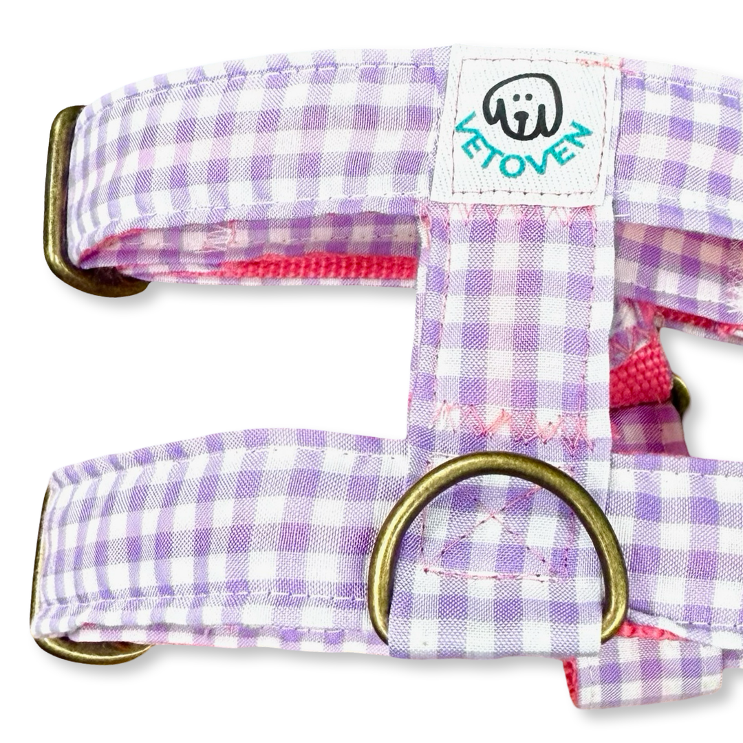 💜 Arnés para Perros Vichy Pastel Blossom – Diseño en H, Artesanal y Veterinario