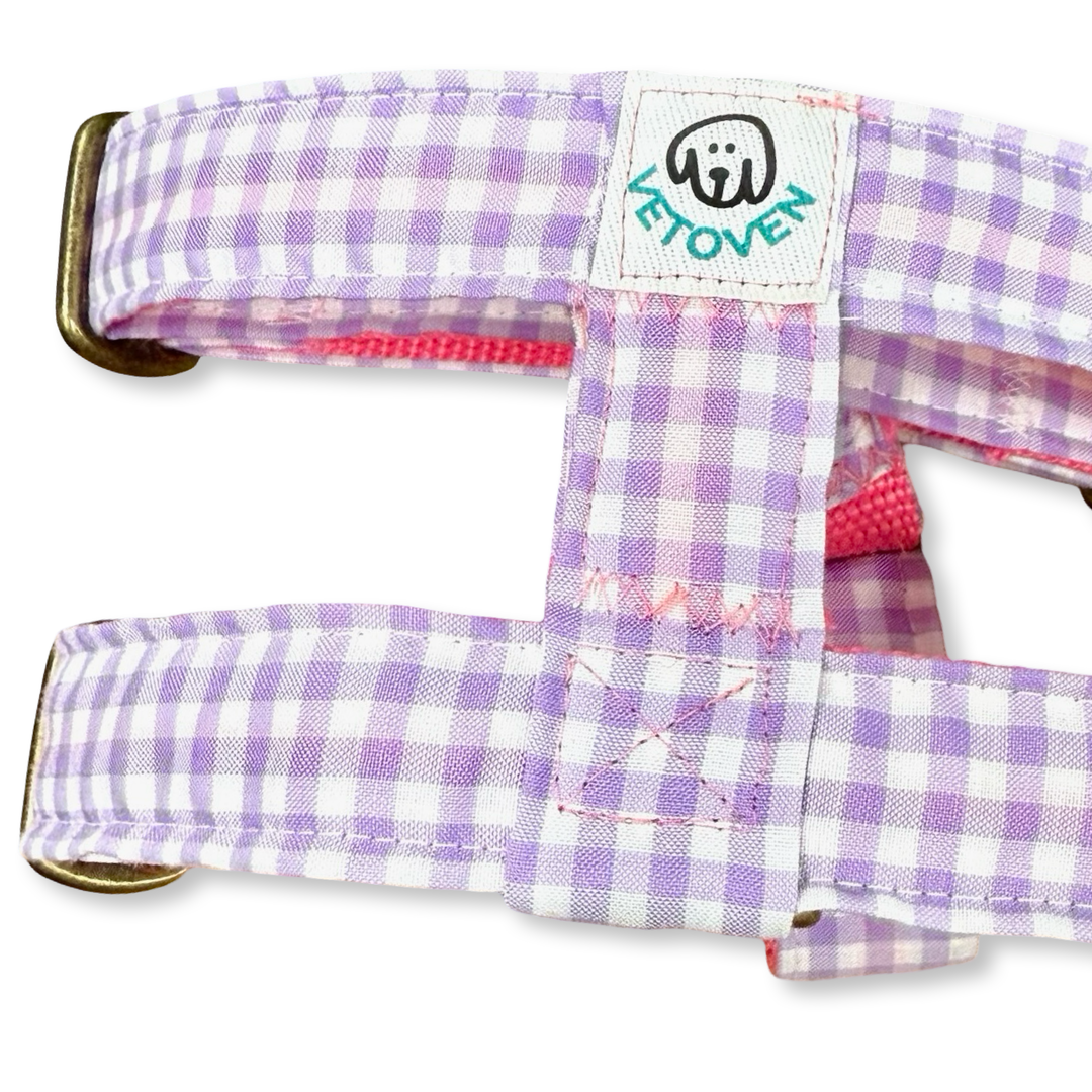 💜 Arnés para Perros Vichy Pastel Blossom – Diseño en H, Artesanal y Veterinario