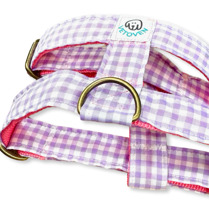 💜 Arnés para Perros Vichy Pastel Blossom – Diseño en H, Artesanal y Veterinario