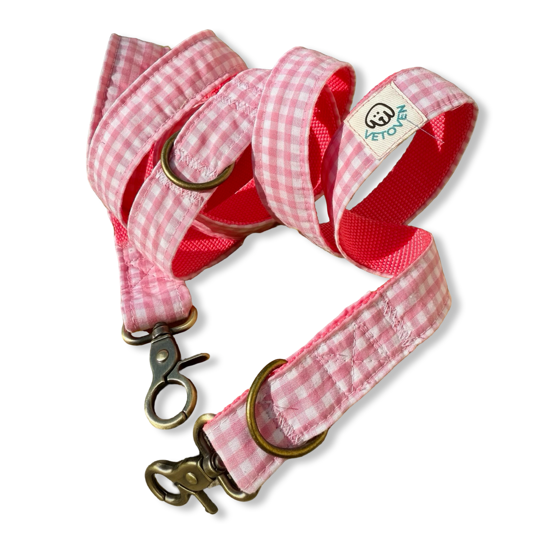 Correa Multiposición para Perros Vichy Rose 🌸 (2 m) – Manos Libres, Hecha a Mano y Diseñada por Veterinarios