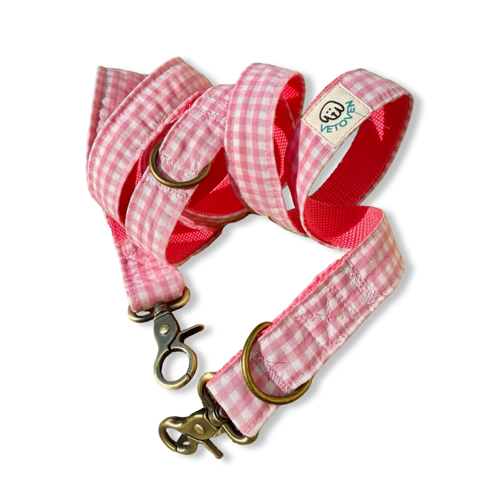 Correa Multiposición para Perros Vichy Rose 🌸 (2 m) – Manos Libres, Hecha a Mano y Diseñada por Veterinarios