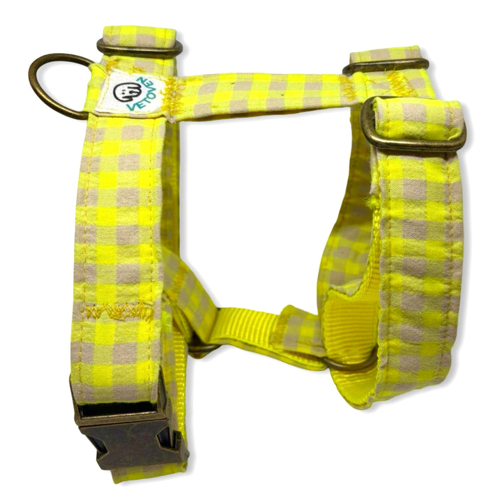 Arnés para Perros Vichy Neón Lemon Drop 🍋  – Diseño en H, Hecho a Mano y Diseñado por Veterinarios