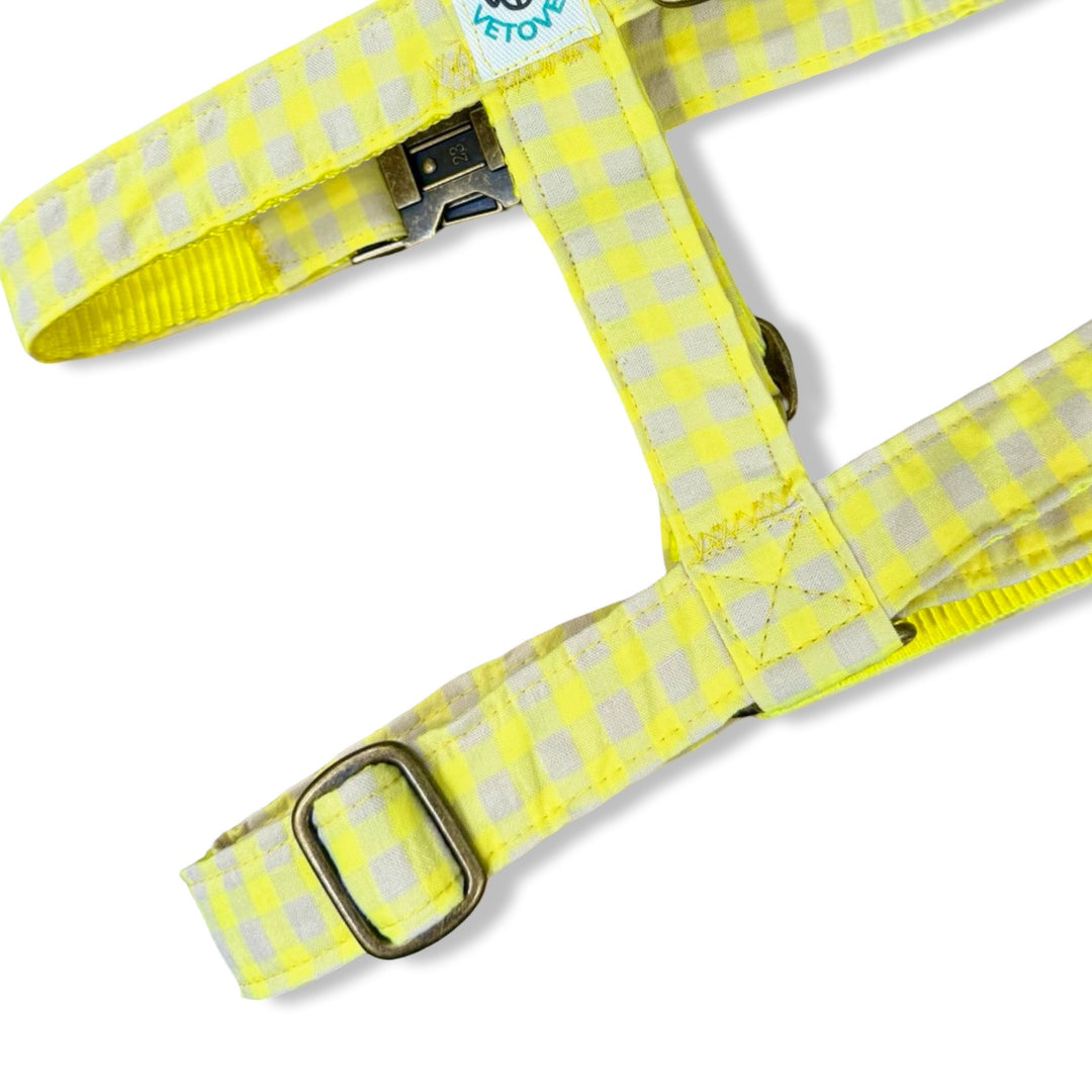 Arnés para Perros Vichy Neón Lemon Drop 🍋  – Diseño en H, Hecho a Mano y Diseñado por Veterinarios