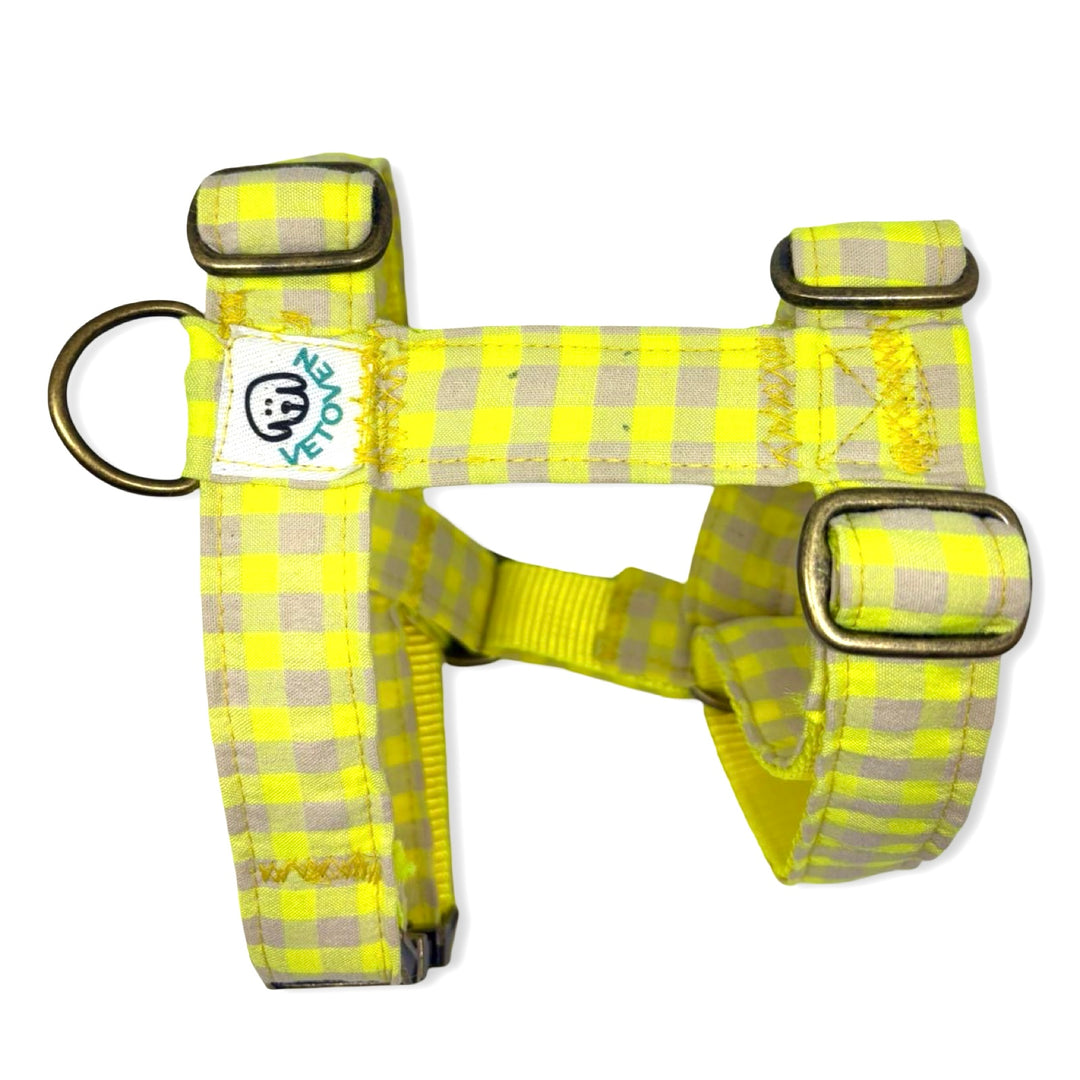 Arnés para Perros Vichy Neón Lemon Drop 🍋  – Diseño en H, Hecho a Mano y Diseñado por Veterinarios