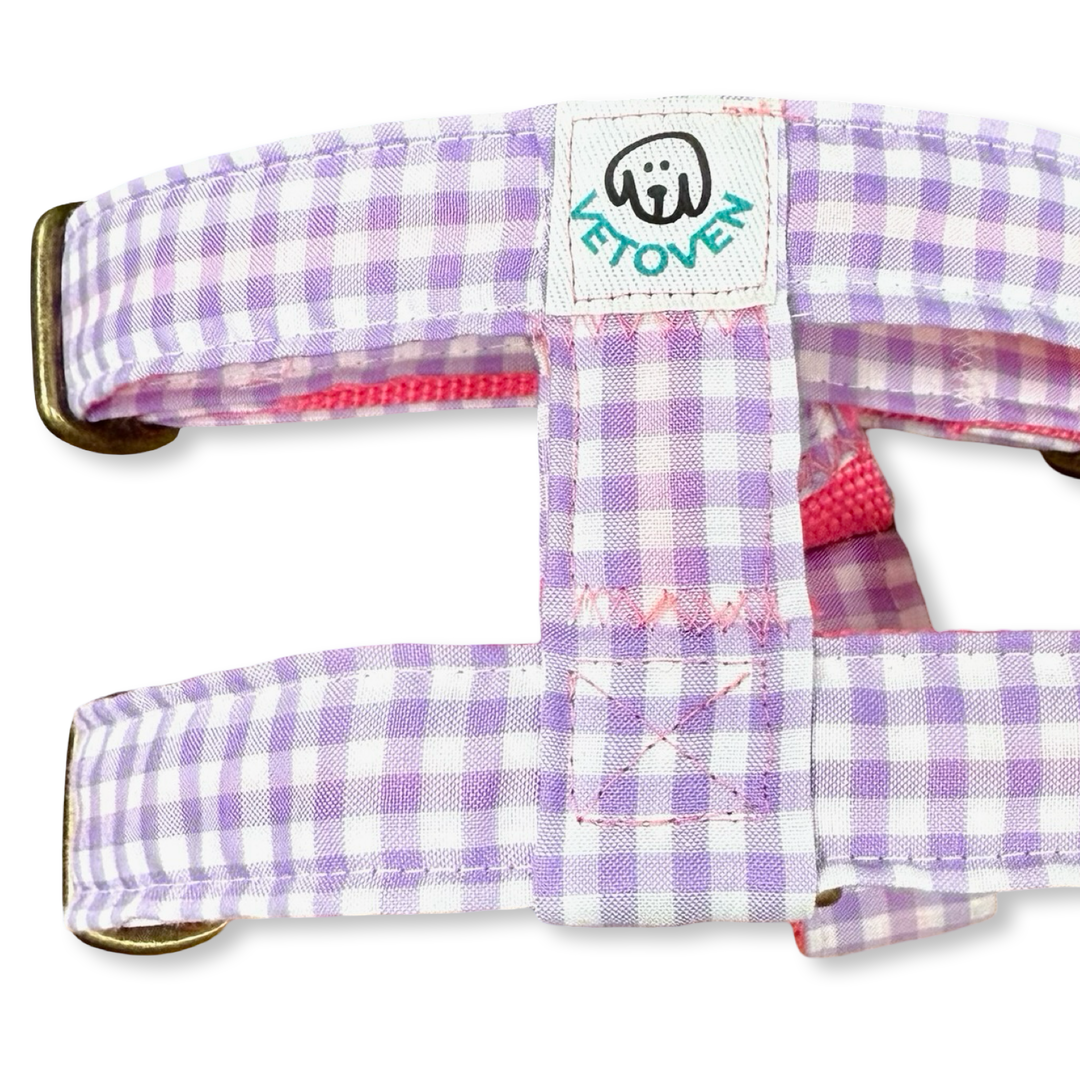💜 Arnés para Perros Vichy Pastel Blossom – Diseño en H, Artesanal y Veterinario