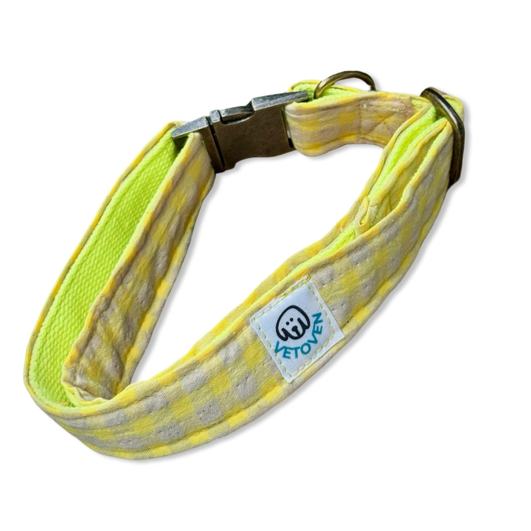 🍋 Collar para Perros Vichy Neón Lemon Drop – Hecho a Mano y Diseñado por Veterinarios