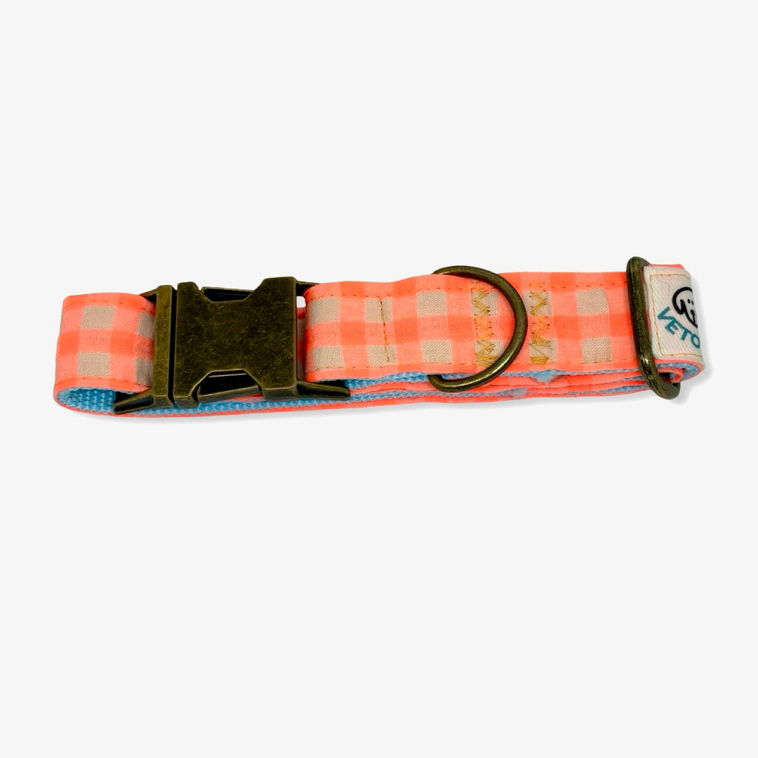 Collar para Perros Vichy Neón Coral Pop 🌺 – Hecho a Mano y Diseñado por Veterinarios