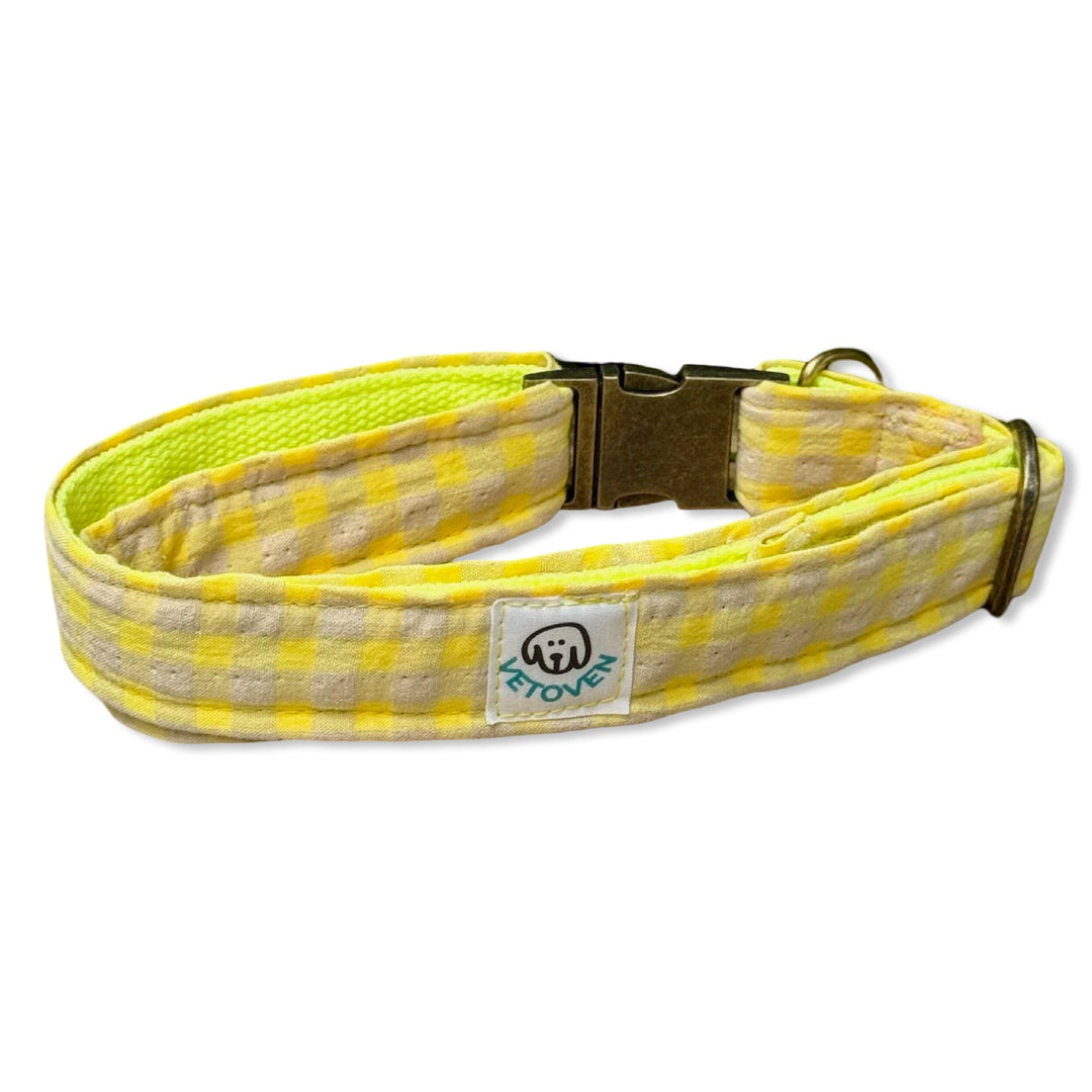 🍋 Collar para Perros Vichy Neón Lemon Drop – Hecho a Mano y Diseñado por Veterinarios