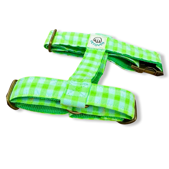 Arnés para perro Vichy Neon Green - Algodón resistente, hecho a mano, a medida