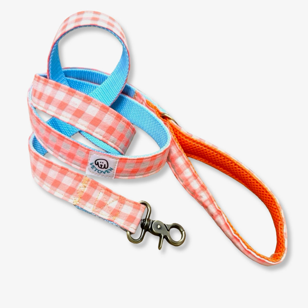 Correa para Perros Vichy Neón Coral Pop 🌺 (150 cm) – Hecha a Mano y Diseñada por Veterinarios