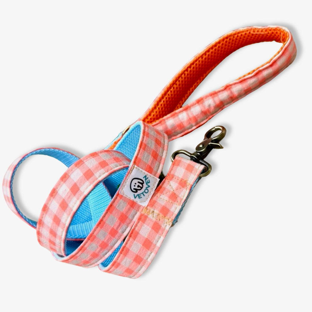 Correa para Perros Vichy Neón Coral Pop 🌺 (150 cm) – Hecha a Mano y Diseñada por Veterinarios