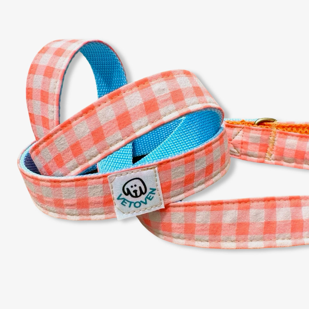 Correa para Perros Vichy Neón Coral Pop 🌺 (150 cm) – Hecha a Mano y Diseñada por Veterinarios