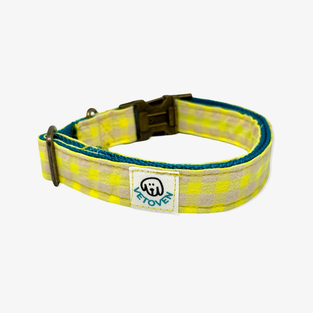 🍋 Collar para Perros Vichy Neón Lemon Drop – Hecho a Mano y Diseñado por Veterinarios